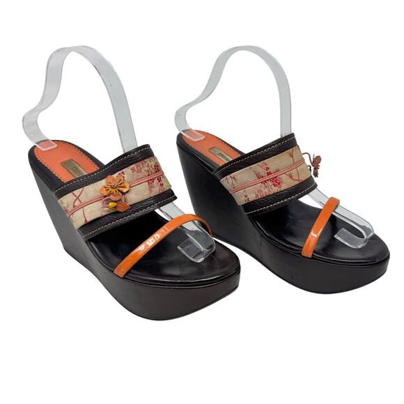 Prada Shoes - Prada Vintage Floral Fabric Platform Wedge Sandals Orange Patent Leather EU 38